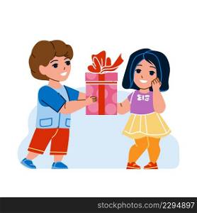Boy Give Gift To Girl Friend On Birthday Vector. Schoolboy Giving Schoolgirl Gift Box On Christmas Party Event Or Valentine Day. Characters Schoolchildren With Present Flat Cartoon Illustration. Boy Give Gift To Girl Friend On Birthday Vector