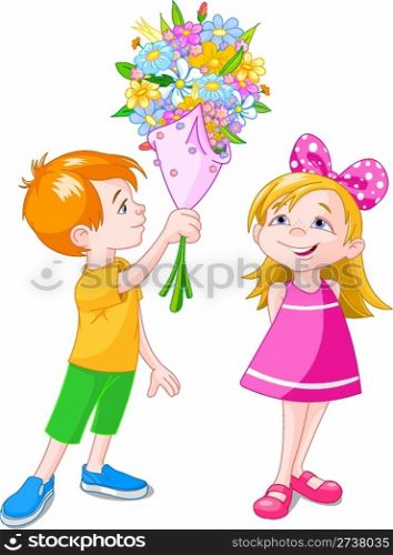 Boy giving a bouquet to girl