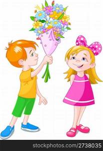 Boy giving a bouquet to girl