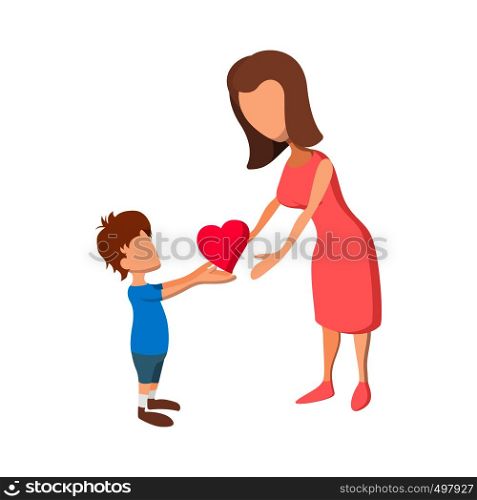 Boy giving a heart to her mother cartoon icon on a white background. Boy giving a heart to her mother cartoon icon