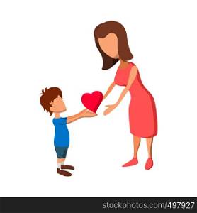Boy giving a heart to her mother cartoon icon on a white background. Boy giving a heart to her mother cartoon icon