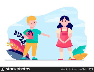 Boy giving gift to girl. Couple of children playing date flat vector illustration. Role play, childhood, friendship concept for banner, website design or landing web page