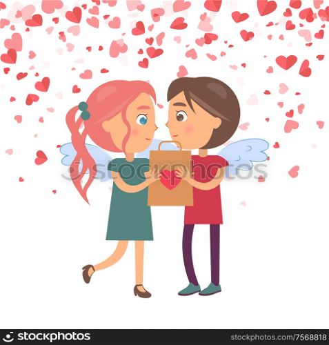 Boy giving present girlfriend, Valentine day. Woman and man with wings holding package and looking at each other. Festive card decorated by hearts vector. Boy Giving Present Girlfriend, Valentine Vector