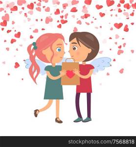 Boy giving present girlfriend, Valentine day. Woman and man with wings holding package and looking at each other. Festive card decorated by hearts vector. Boy Giving Present Girlfriend, Valentine Vector