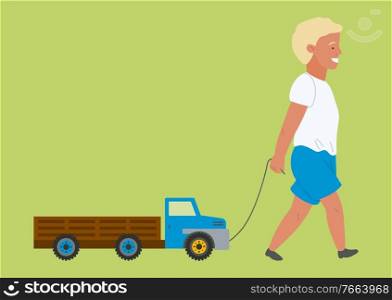 Boy going with toy transport, element of harvest festival. Smiling child going with truck, empty harvesting machine, transportation object vector. Child Going with Truck, Harvest Festival Vector