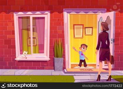 Boy greeting mother at house door. Woman coming home from work to child. Vector cartoon illustration of son welcomes mom, smiles and waving hand at entrance to brick residential building. Boy greeting mother at house door