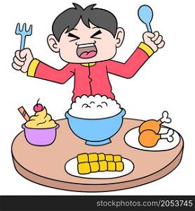 boy happily welcomes food on the dining table