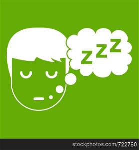 Boy head with speech bubble icon white isolated on green background. Vector illustration. Boy head with speech bubble icon green