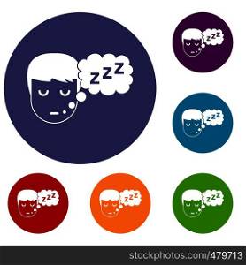Boy head with speech bubble icons set in flat circle red, blue and green color for web. Boy head with speech bubble icons set