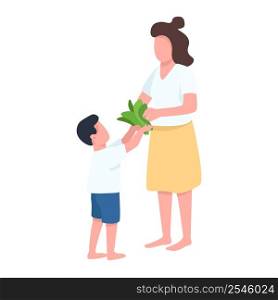 Boy helps his mother semi flat color vector characters. Standing figures. Full body people on white. Family leisure simple cartoon style illustration for web graphic design and animation. Boy helps his mother semi flat color vector characters