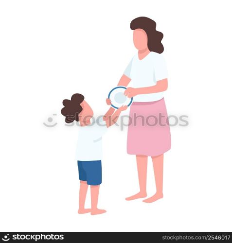Boy helps mother serve table semi flat color vector characters. Standing figures. Full body people on white. Family simple cartoon style illustration for web graphic design and animation. Boy helps mother serve table semi flat color vector characters