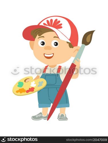 Boy holding big paint brush and palette. Painter artist kid isolated on white background. Boy holding big paint brush and palette. Painter artist kid