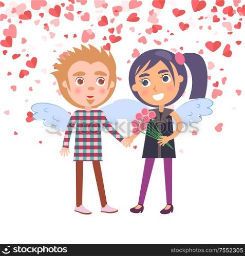 Boy holding girl with flowers vector. Smiling woman in purple clothes and man with plaid shirt, people with wings. Boyfriend and girlfriend Valentine day. Boy and Girl with Bouquet Couple with Wings Vector