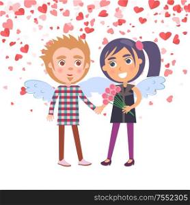 Boy holding girl with flowers vector. Smiling woman in purple clothes and man with plaid shirt, people with wings. Boyfriend and girlfriend Valentine day. Boy and Girl with Bouquet Couple with Wings Vector