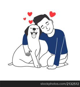Boy hugs dog. Kid and puppy friendship, happy pup owner love cub animal vector illustration, guy playing with adorable whelp friend cute image color on white. Boy hugs dog. Kid and puppy friendship, happy pup owner love cub animal vector illustration, guy playing with adorable whelp friend cute image