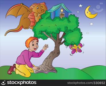 Boy Imagining a Treehouse with Butterfy and Dragon from a Book, vector illustration