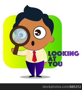 Boy in a suit with curly hair is looking at you through magnifying glass, illustration, vector on white background.