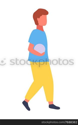 Boy in blue T-shirt and yellow pants carries ball. Outdoor games, summer vacation. Children s character. Play soccer, volleyball. Baby soccer player. Ball. Flat vector image isolated on white. Boy carries ball. Child playing soccer. Summer vacation, outdoor games. Flat image, kid s character