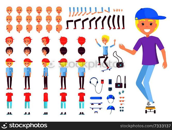 Boy in cap on skate with spare body parts set. Modern teen guy constructor with skateboard. Blond young boy isolated cartoon flat vector illustration.. Boy in Cap on Skate with Spare Body Parts Set