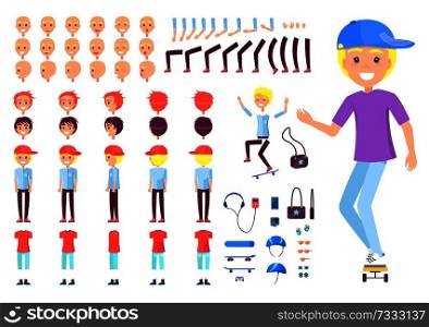 Boy in cap on skate with spare body parts set. Modern teen guy constructor with skateboard. Blond young boy isolated cartoon flat vector illustration.. Boy in Cap on Skate with Spare Body Parts Set
