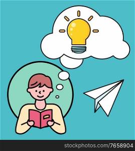 Boy in circle reading textbook. Young man thinking about about content of book. Cloud or bubble with thoughts and creative ideas. Person portrait in round icon. Vector illustration in flat style. Man Reading Book, Thoughts Bubble with Light Bulb