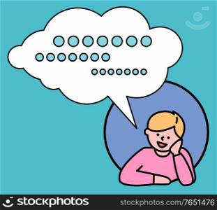 Boy in circle with thin line border. Young man looking straight, smiling and thinking. Cloud or bubble with thoughts. Happy person posing, male portrait in round icon. Vector illustration in minimal. Man Portrait, Person Thinking, Thoughts Bubble