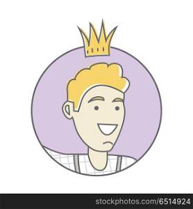 Boy in Crown Avatar Userpic Isolated on White. Man in crown avatar userpic isolated on white background. Office star. Best worker of the week month year. Leader in the office work. Person with the crown. King of the office. Vector illustration