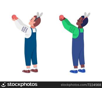 Boy in festive clothes semi flat color vector character set. Posing figures. Full body people on white. Christmas isolated modern cartoon style illustration for graphic design and animation bundle. Boy in festive clothes semi flat color vector character set