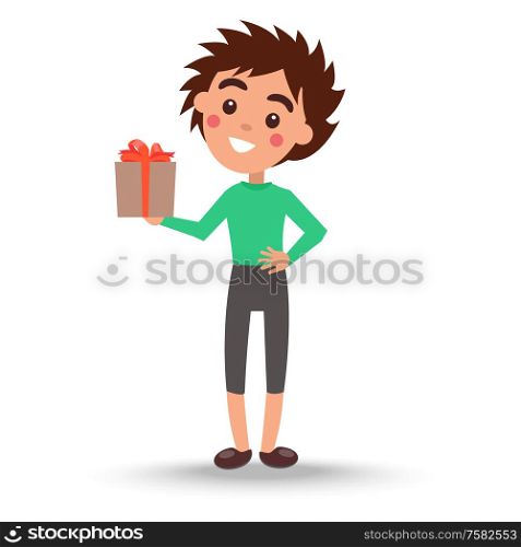Boy in green sweater and trousers holds present box for womens day vector illustration isolated on white, handsome grandson. Boy in Green Sweater and Trousers Holds Present Box