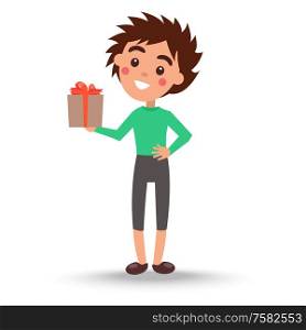 Boy in green sweater and trousers holds present box for womens day vector illustration isolated on white, handsome grandson. Boy in Green Sweater and Trousers Holds Present Box
