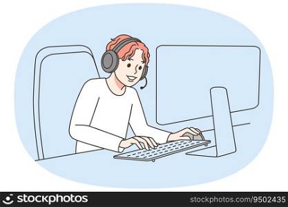 Boy in headphones play video games on PC at home. Child gamer enjoy console on computer. Addiction o technology. Gaming concept. Vector illustration.. Boy playing video games on computer