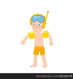 Boy in inflatable armbands learns to swim. Red hair Child plays in water. Mask for underwater diving. Summer holiday or vacation at sea. Cartoon flat illustration. Boy in inflatable armbands learns to swim.