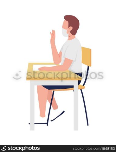 Boy in mask at school lesson semi flat color vector character. Schoolboy figure. Full body person on white. Pandemic rules isolated modern cartoon style illustration for graphic design and animation. Boy in mask at school lesson semi flat color vector character