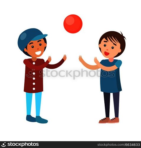 Boy in scarlet shirt, bright jeans, blue cap and shoes, and kid in T-shirt, navy jeans and sneakers play in volleyball isolated vector illustration.. Boys Play in Volleyball Isolated Illustration