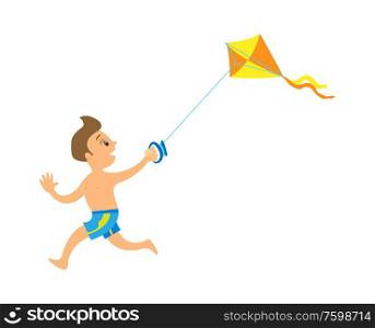 Boy in shorts running with yellow kite, side view of teenager outdoor, summer activity on beach, young person holding flying toy flat design style vector. Child Playing Kite on Beach, Running Kid Vector