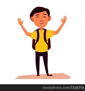 Boy in yellow T-shirt with maroon rucksack raise hands up with happy face isolated vector illustration on white background.. Boy with Rucksack Raise Hands Up Illustration