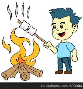 boy is burning marshmello. cartoon illustration cute sticker