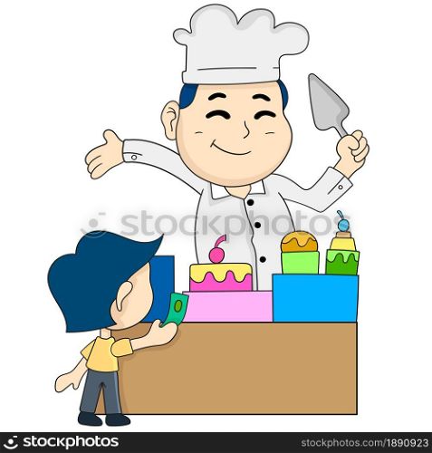 boy is buying cake. cartoon illustration sticker emoticon