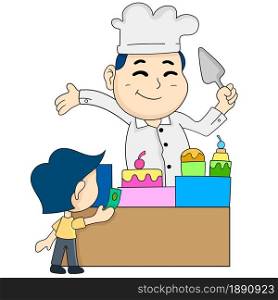 boy is buying cake. cartoon illustration sticker emoticon