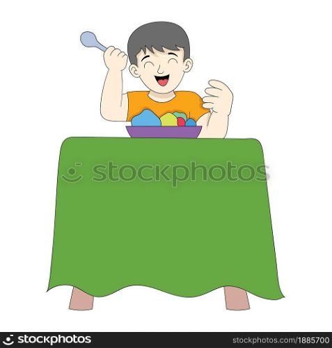 boy is enjoying a delicious dinner at the table. vector design illustration art