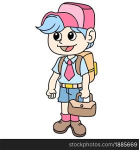 boy is getting ready to go to school, doodle icon image. cartoon caharacter cute doodle draw