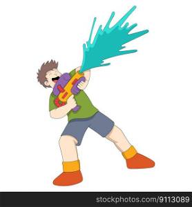 boy is happy playing shooting water spraying shot. vector design illustration art