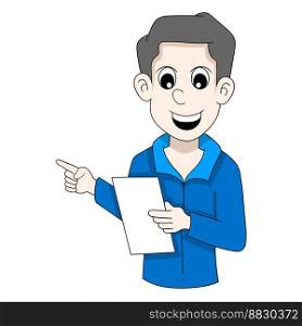 boy is holding document to inform sale discount to people. vector design illustration art