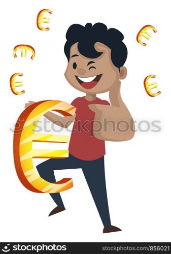 Boy is holding euro sign, illustration, vector on white background.