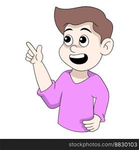 boy is making a gesture showing information with his right hand. vector design illustration art