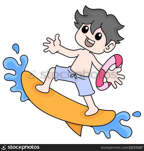boy is on vacation playing surfing in the ocean waves