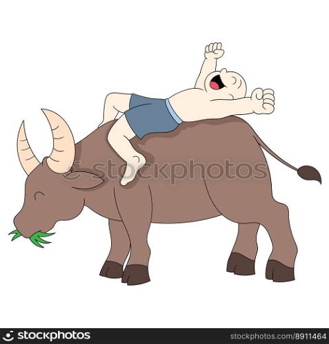 boy is playing lying down on the back of a buffalo that is eating. vector design illustration art