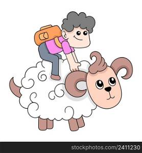 boy is playing riding a shepherd bushy sheep