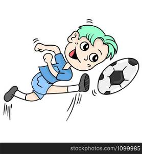 boy is playing soccer. cartoon illustration sticker emoticon