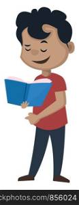 Boy is reading a book, illustration, vector on white background.